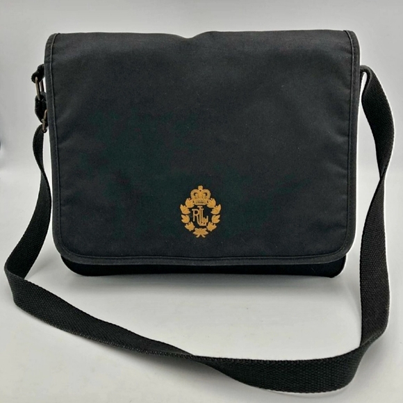 Ralph Lauren messenger crossbody bag black with gold crest - Picture 2 of 15